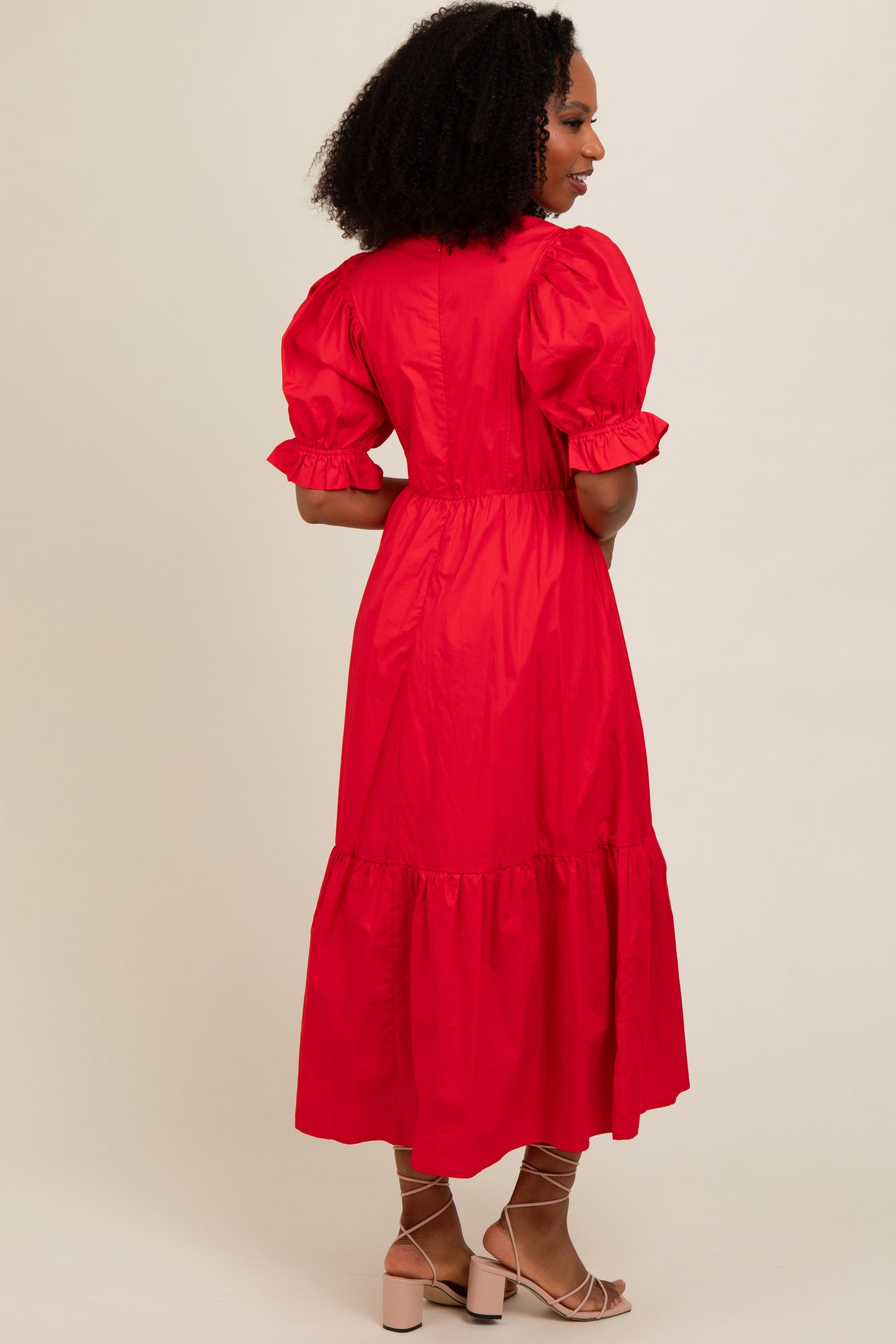 Red Short Puff Sleeve Tiered Midi Dress