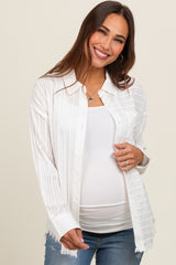 White Striped Fringe Button Down Maternity Shirt