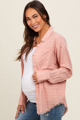 Mauve Striped Fringe Button Down Maternity Shirt
