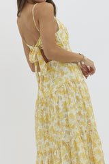 Yellow V Neckline Floral Print Maxi Dress