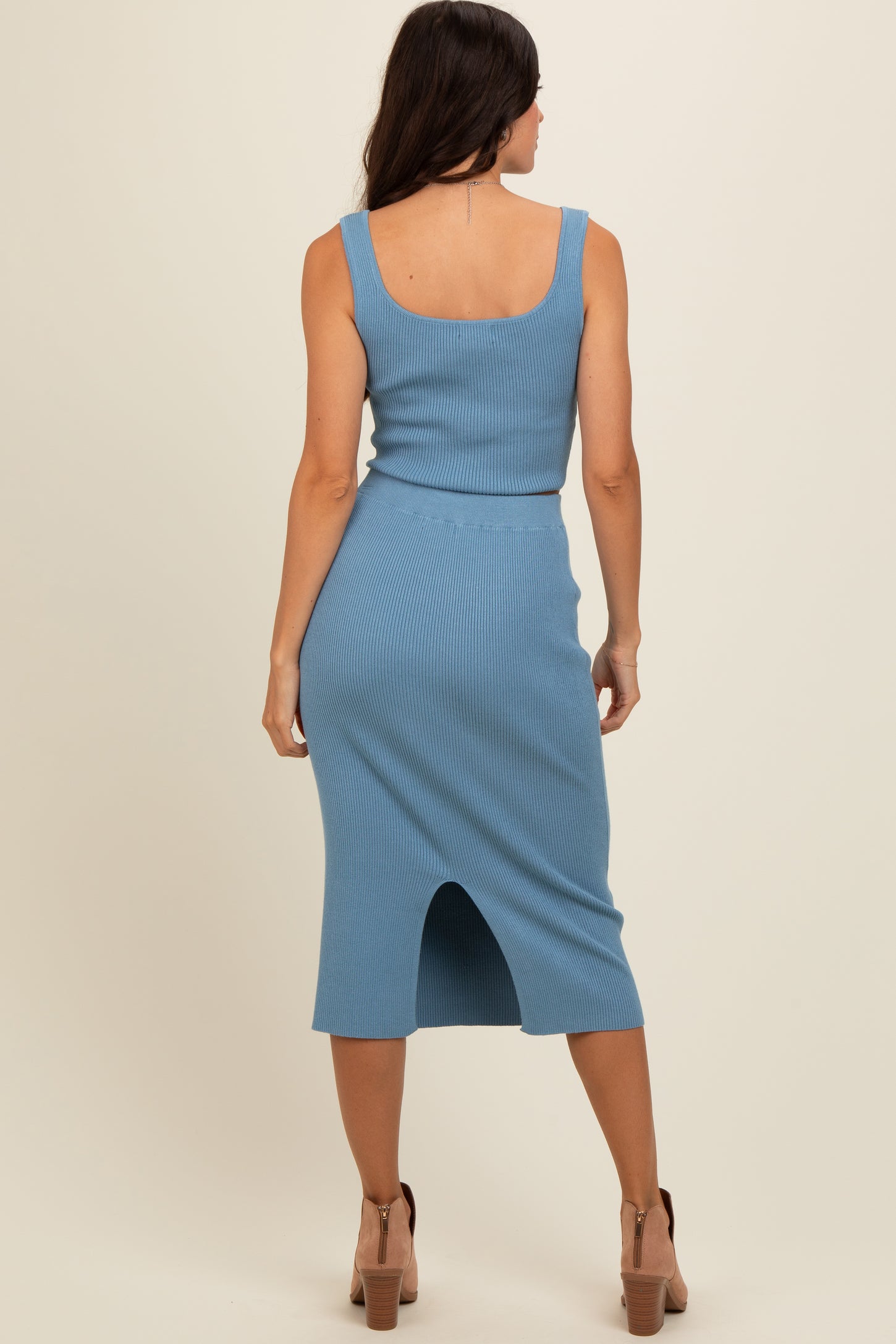 Blue Ribbed Square Neck Sleeveless Crop Skirt Set