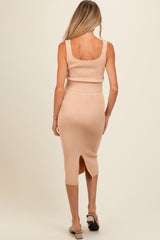 Taupe Ribbed Square Neck Sleeveless Crop Maternity Skirt Set