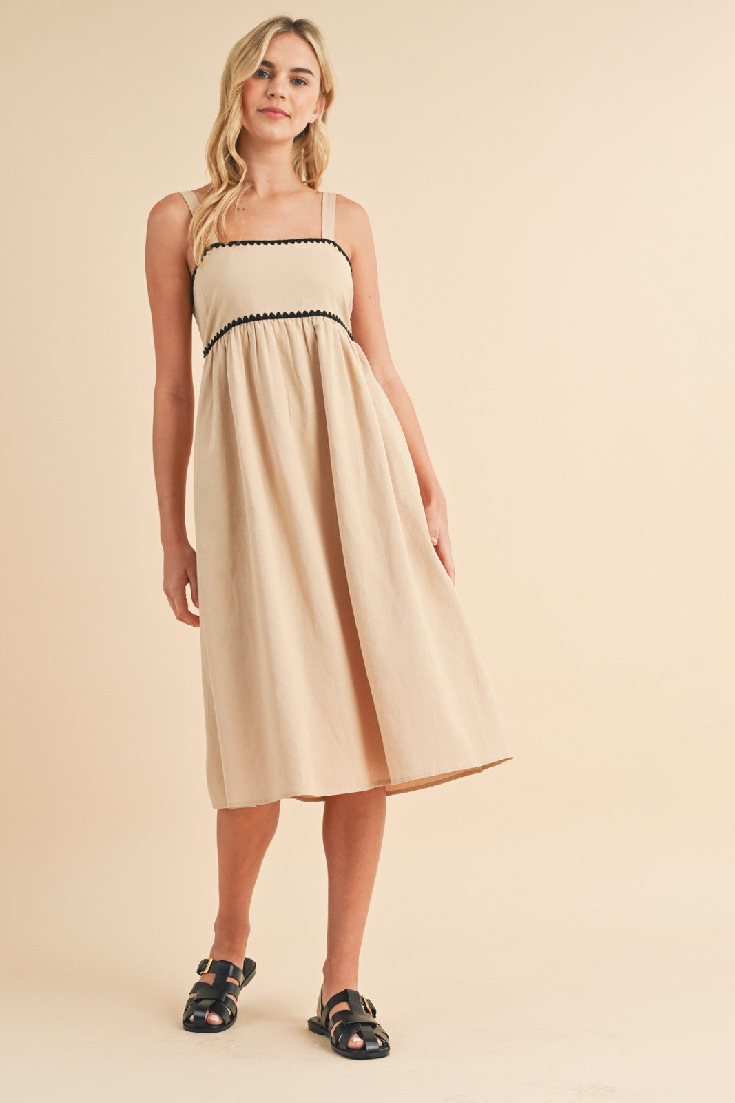 Beige Contrast Trim Midi Dress