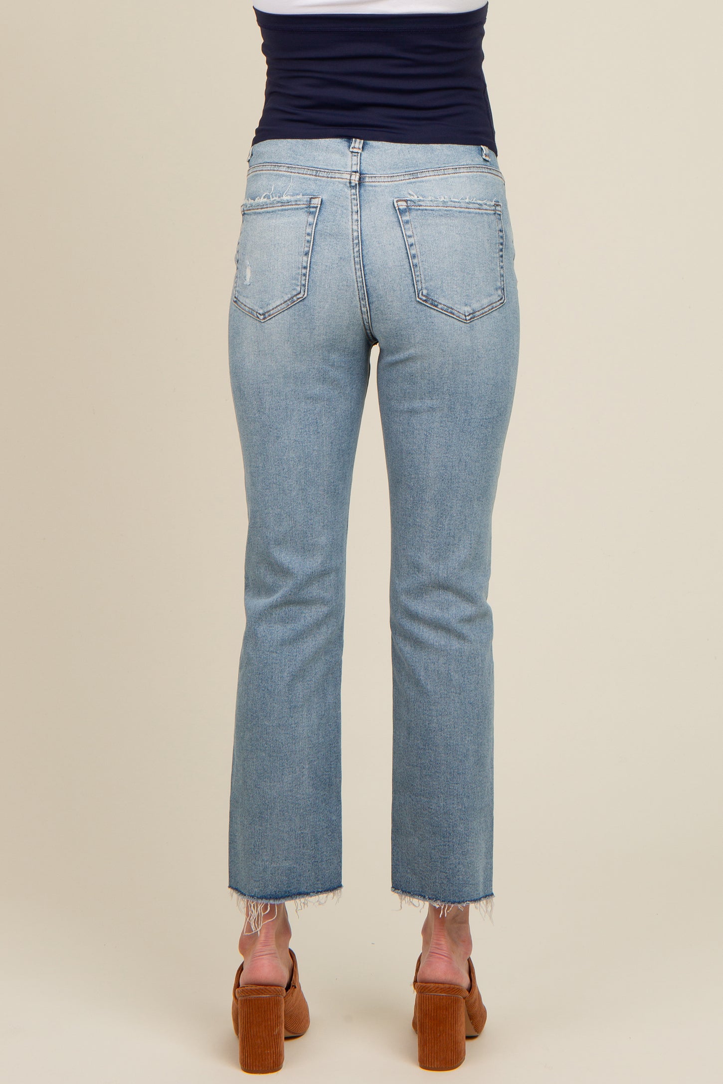 Blue Fringe Hem Cropped Slim Straight  Maternity Jeans