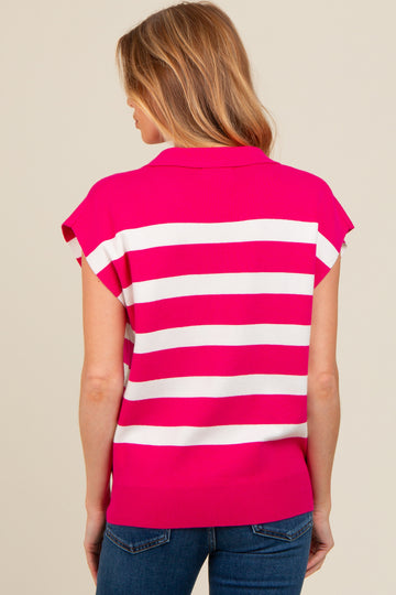 Fuchsia Striped Split Collar Knit Maternity Top