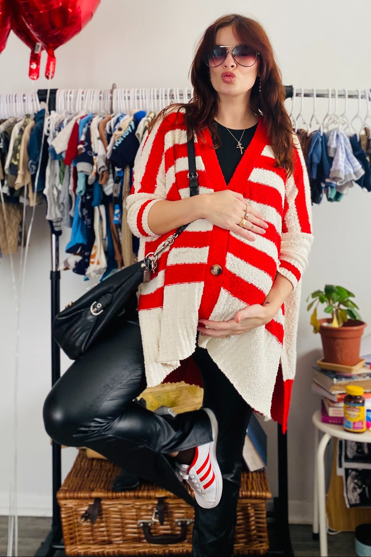 Red Textured Knit Striped Oversized Maternity Cardigan