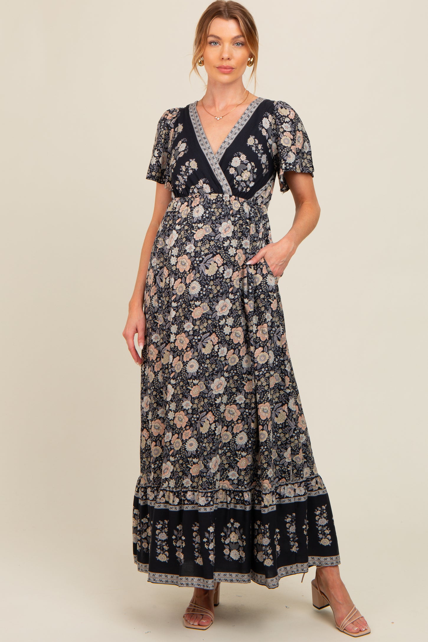 the black v neck floral short sleeve maxi dress The Black V Neck Floral Short Sleeve Maxi Dress