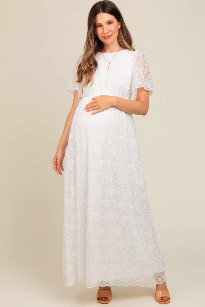 White Lace Sheer Lace Back Maternity Maxi Dress PinkBlush White Lace Sheer Lace Back Maternity Maxi Dress PinkBlush