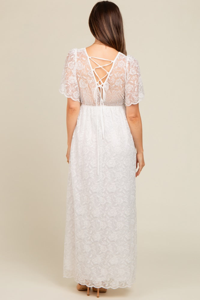 White Lace Sheer Lace Back Maternity Maxi Dress PinkBlush White Lace Sheer Lace Back Maternity Maxi Dress PinkBlush