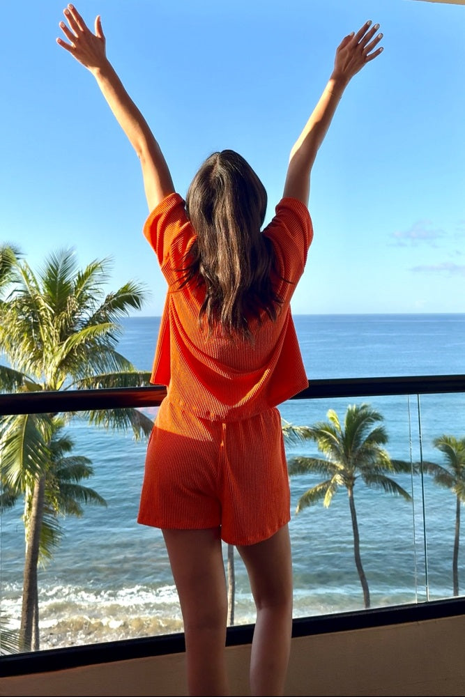 Orange Ribbed Shorts Set