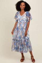 White Leaf Print Mesh Smocked Maternity Midi Dress