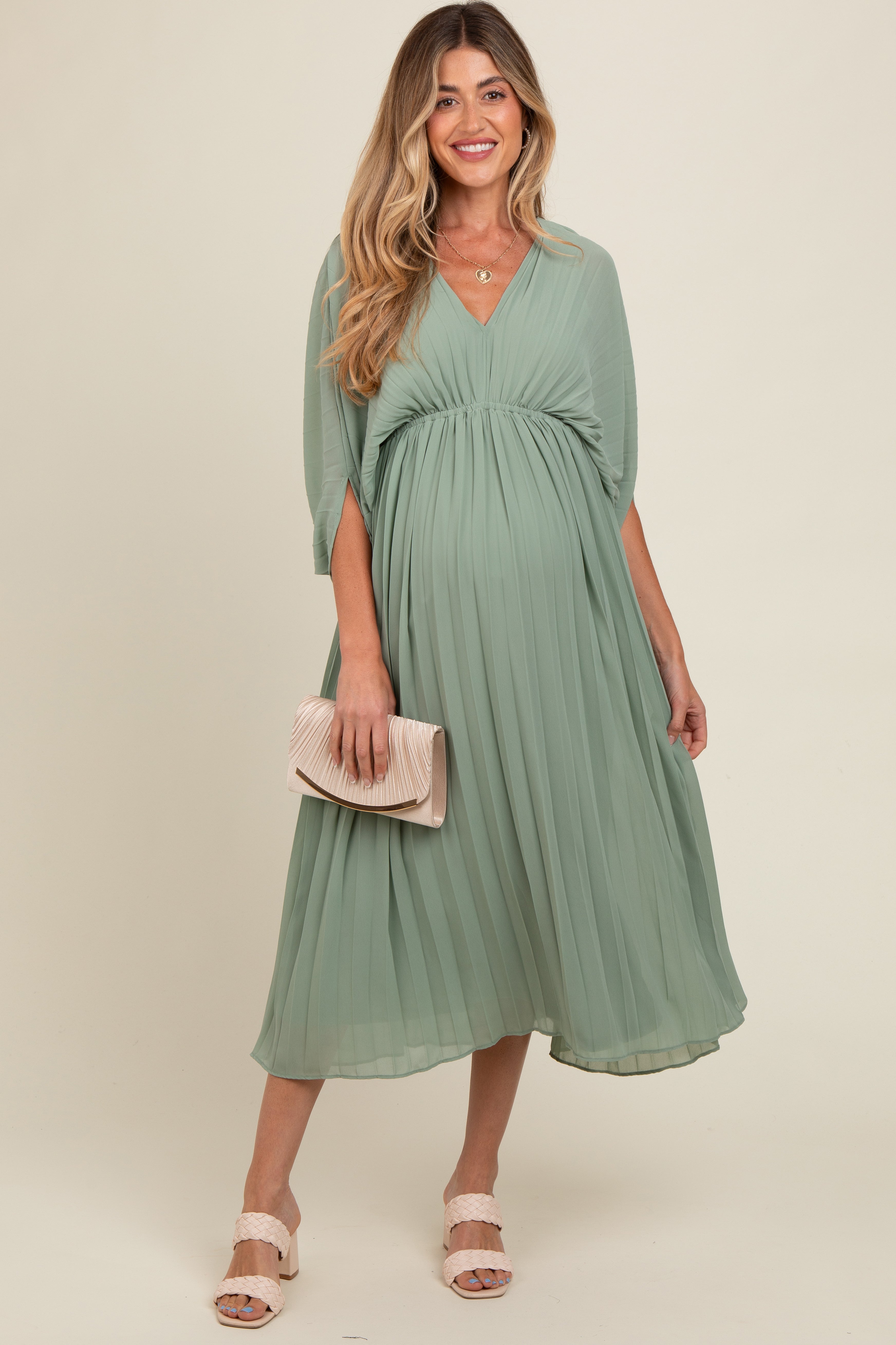 PinkBlush Light Olive Satin Pleated V-Neck Maternity Maxi Dress