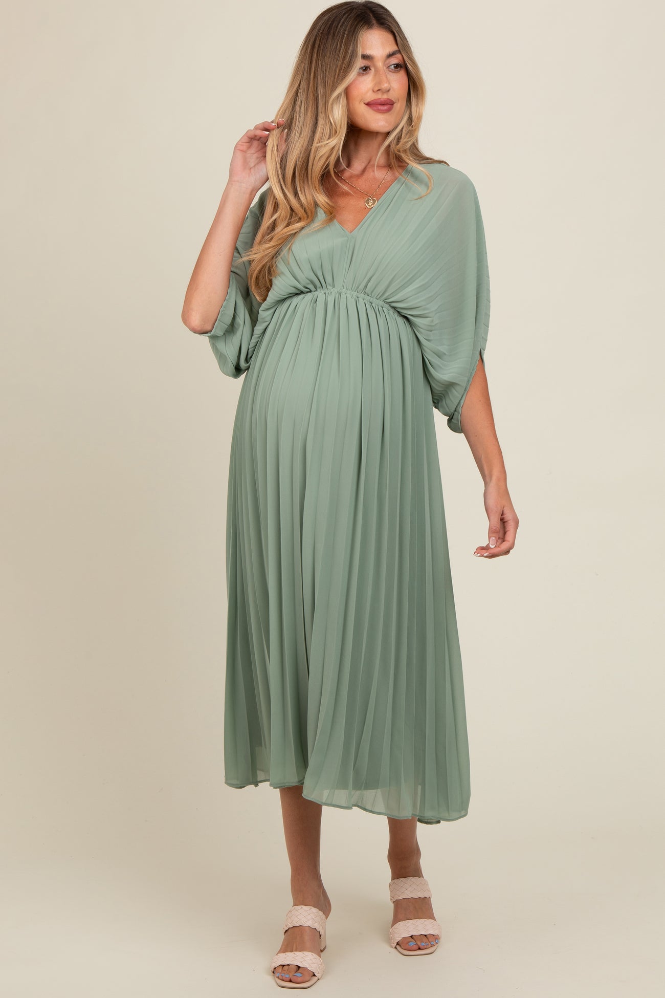 PinkBlush Light Olive Satin Pleated V-Neck Maternity Maxi Dress