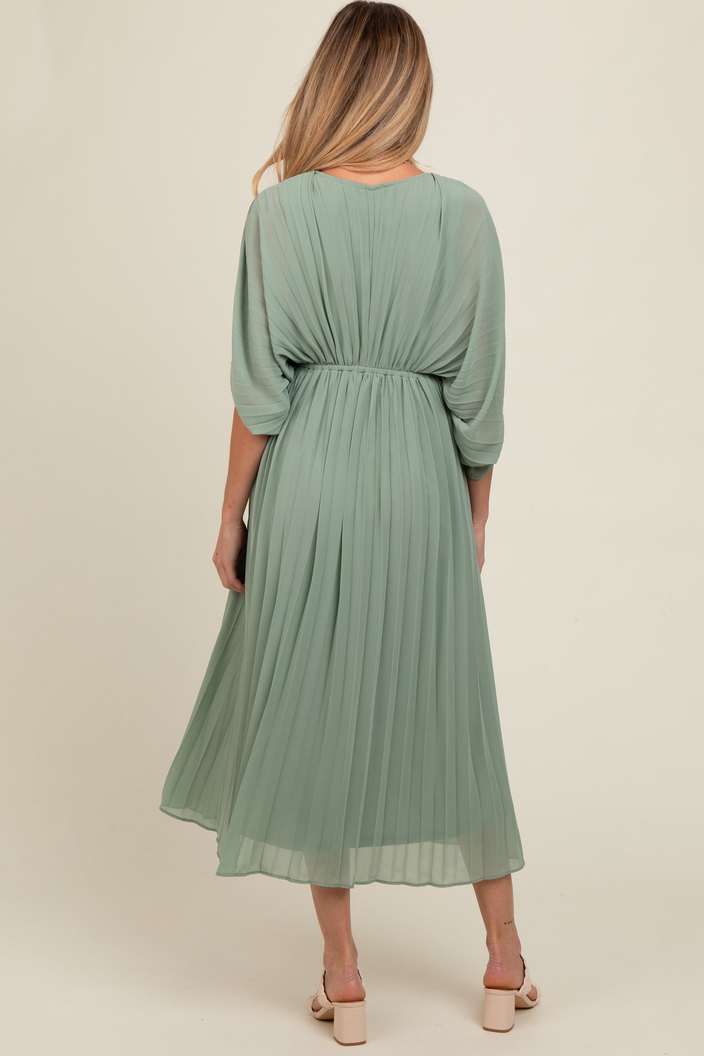 PinkBlush Light Olive Satin Pleated V-Neck Maternity Maxi Dress