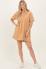 Camel Raw Hem Short Sleeve Dress