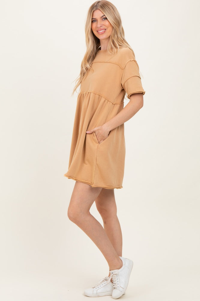 Camel Raw Hem Short Sleeve Dress