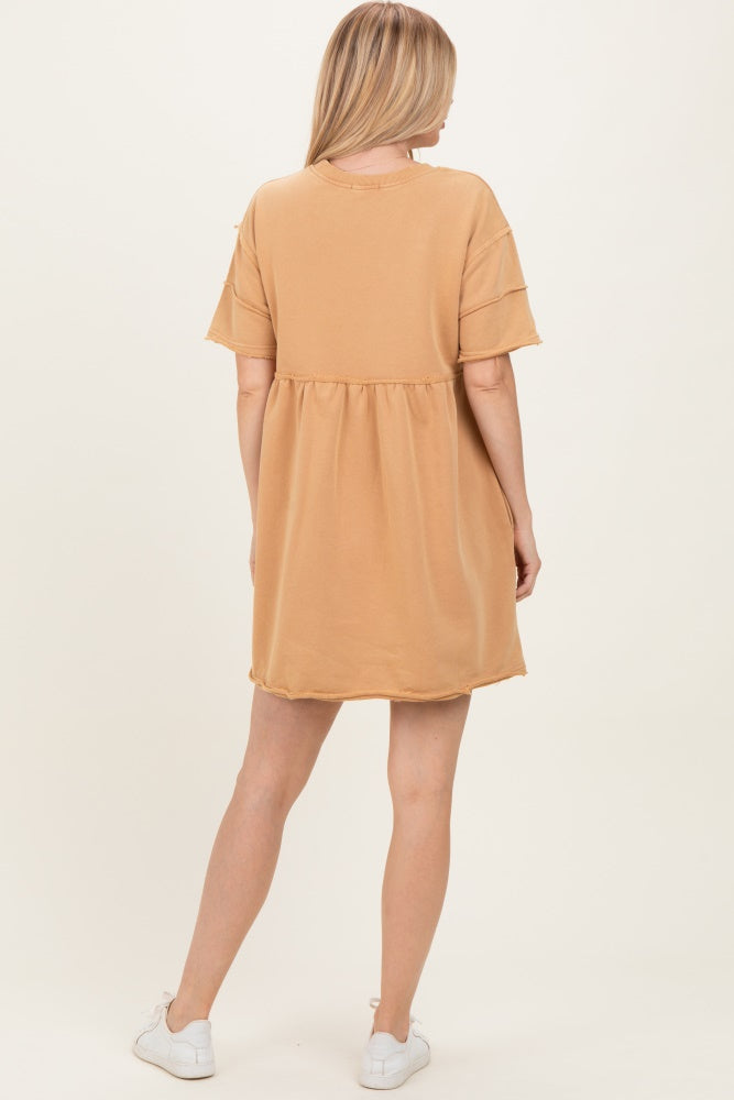 Camel Raw Hem Short Sleeve Dress