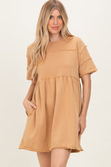 Camel Raw Hem Short Sleeve Dress