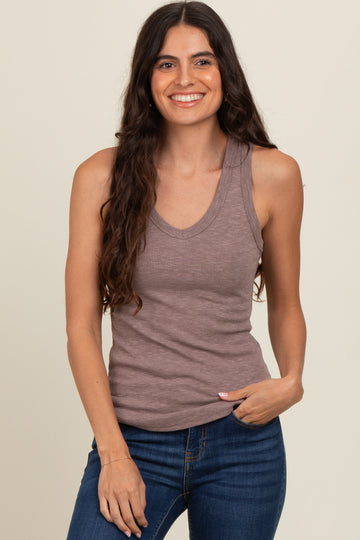 Mocha V-Neck Ribbed Tank Top