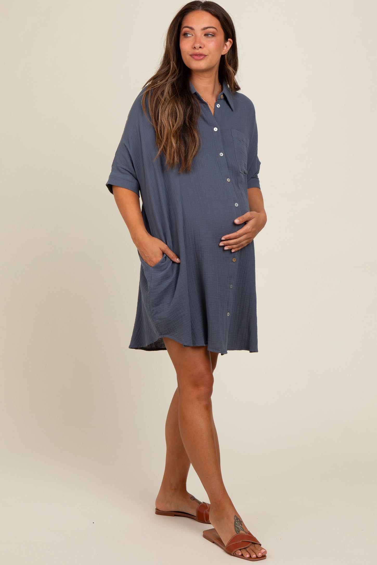 Charcoal Button Down Oversized Maternity Dress PinkBlush Charcoal Button Down Oversized Maternity Dress PinkBlush