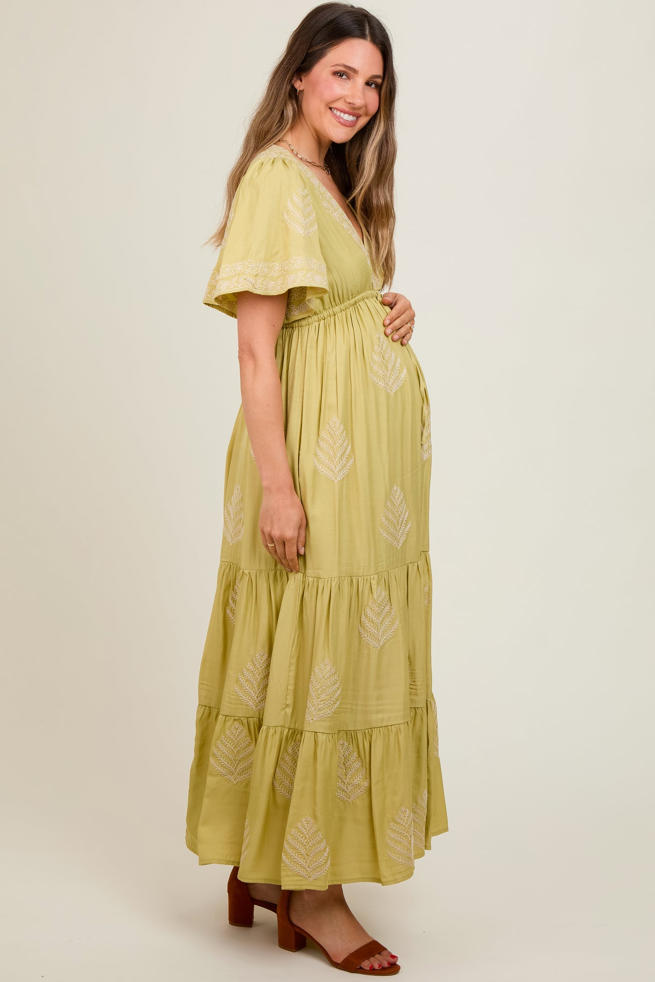 Light Olive Embroidered Maternity Maxi Dress PinkBlush Light Olive Embroidered Maternity Maxi Dress PinkBlush