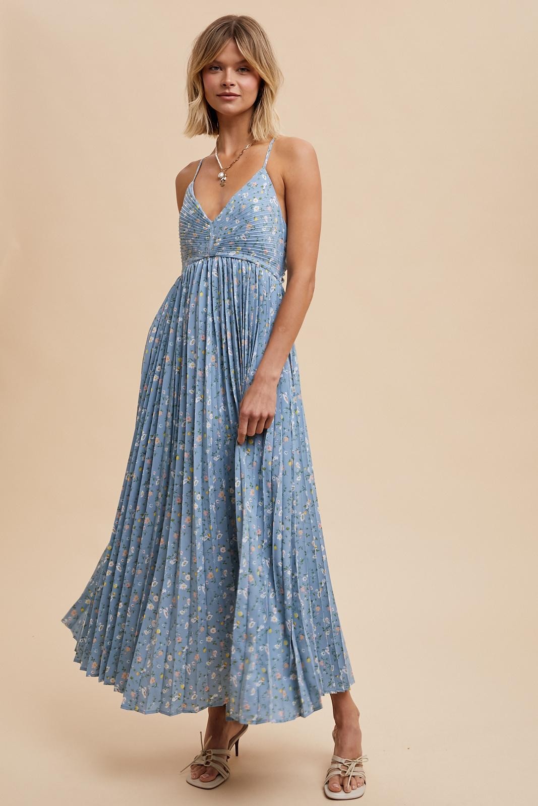 fitted lace wedding dress Blue Floral Pleated Back Cutout Maxi Dress