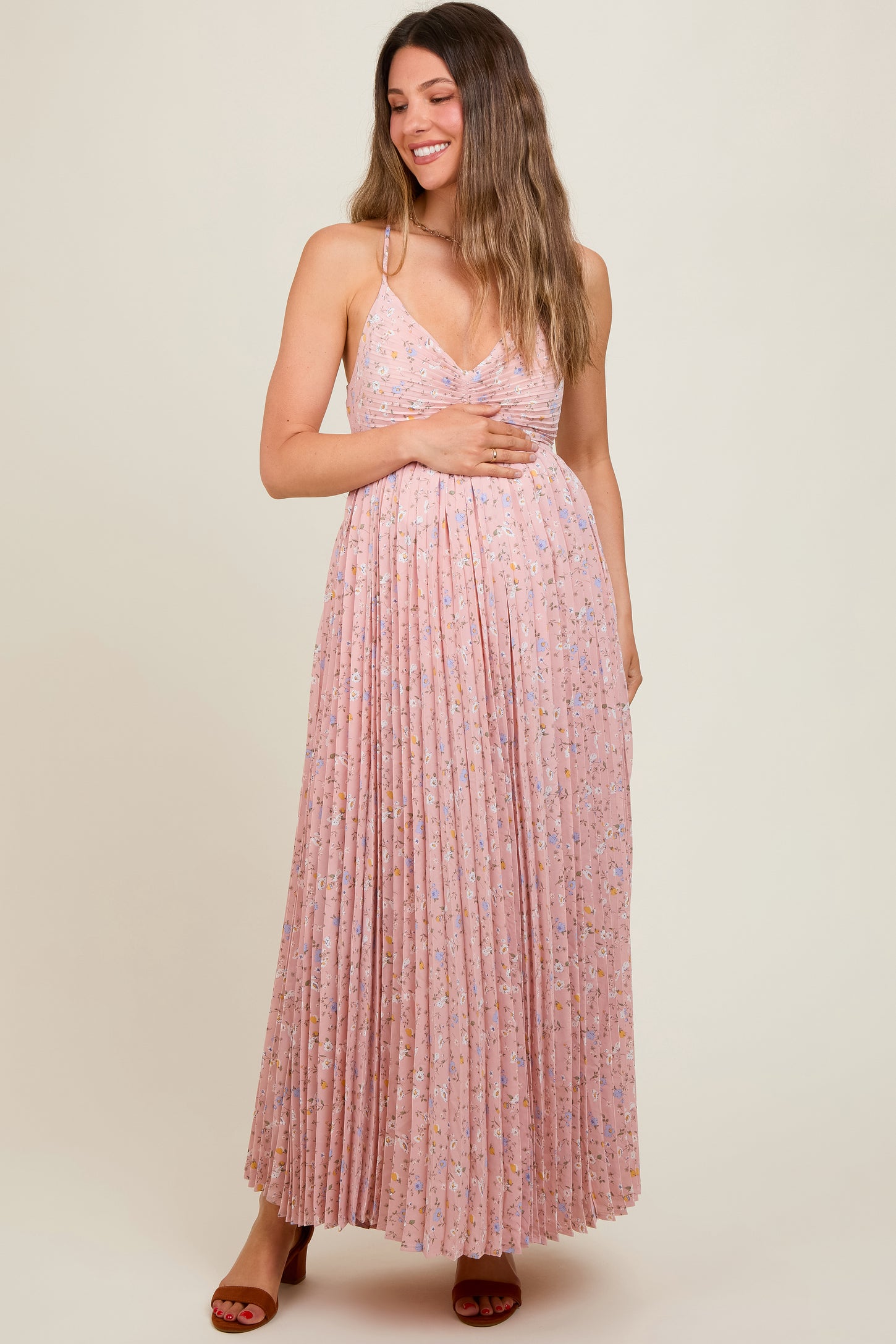 Light Pink Floral Pleated Back Cutout Maternity Maxi Dress Light Pink Floral Pleated Back Cutout Maternity Maxi Dress