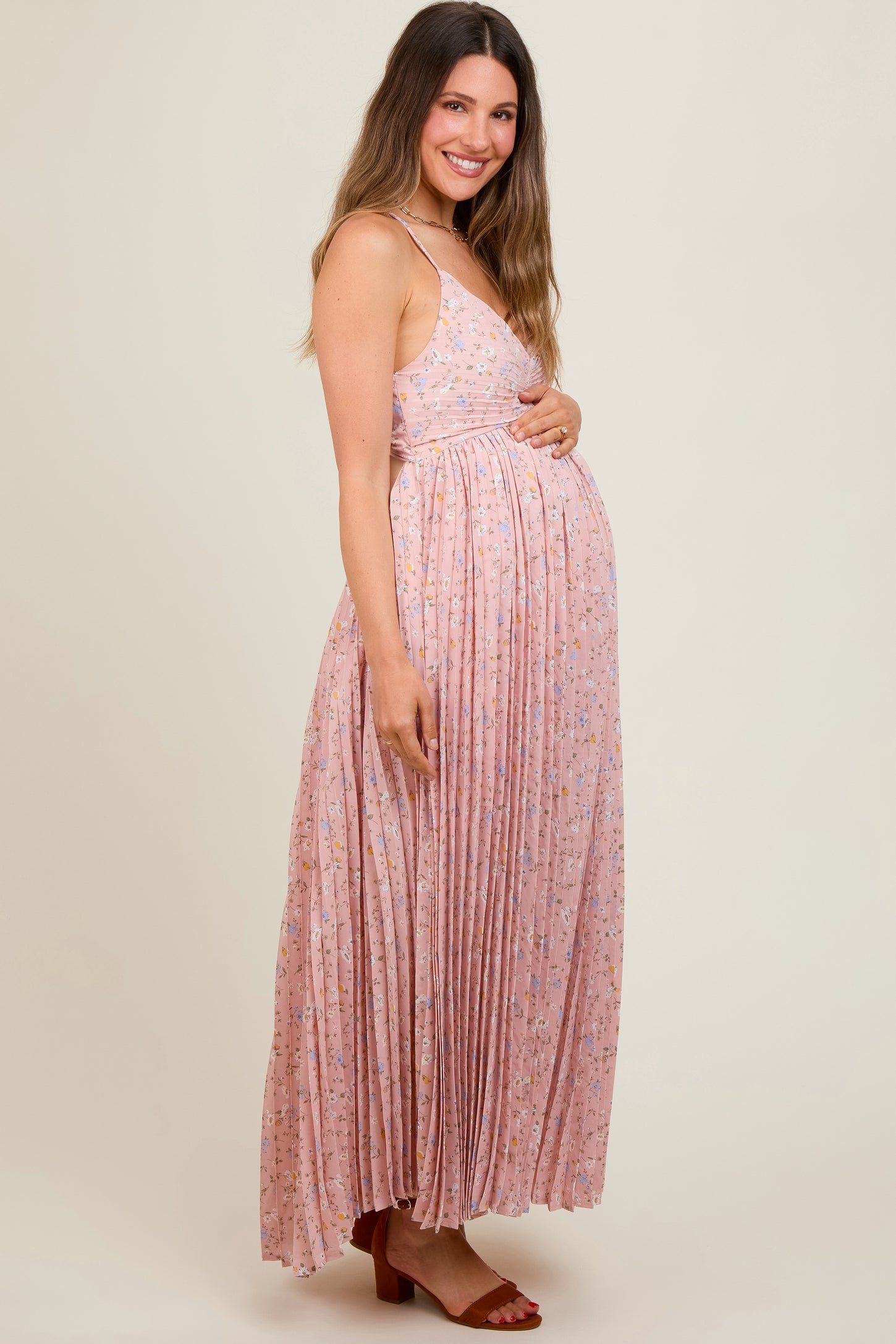 Light Pink Floral Pleated Back Cutout Maternity Maxi Dress Light Pink Floral Pleated Back Cutout Maternity Maxi Dress