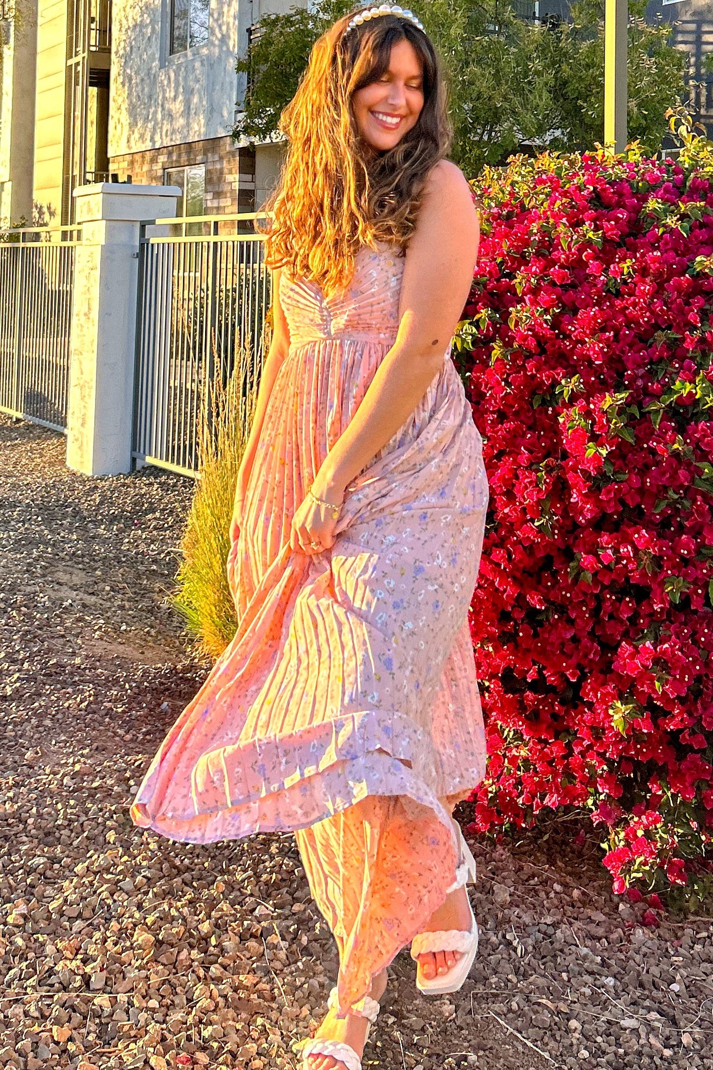 Light Pink Floral Pleated Back Cutout Maxi Dress Light Pink Floral Pleated Back Cutout Maxi Dress