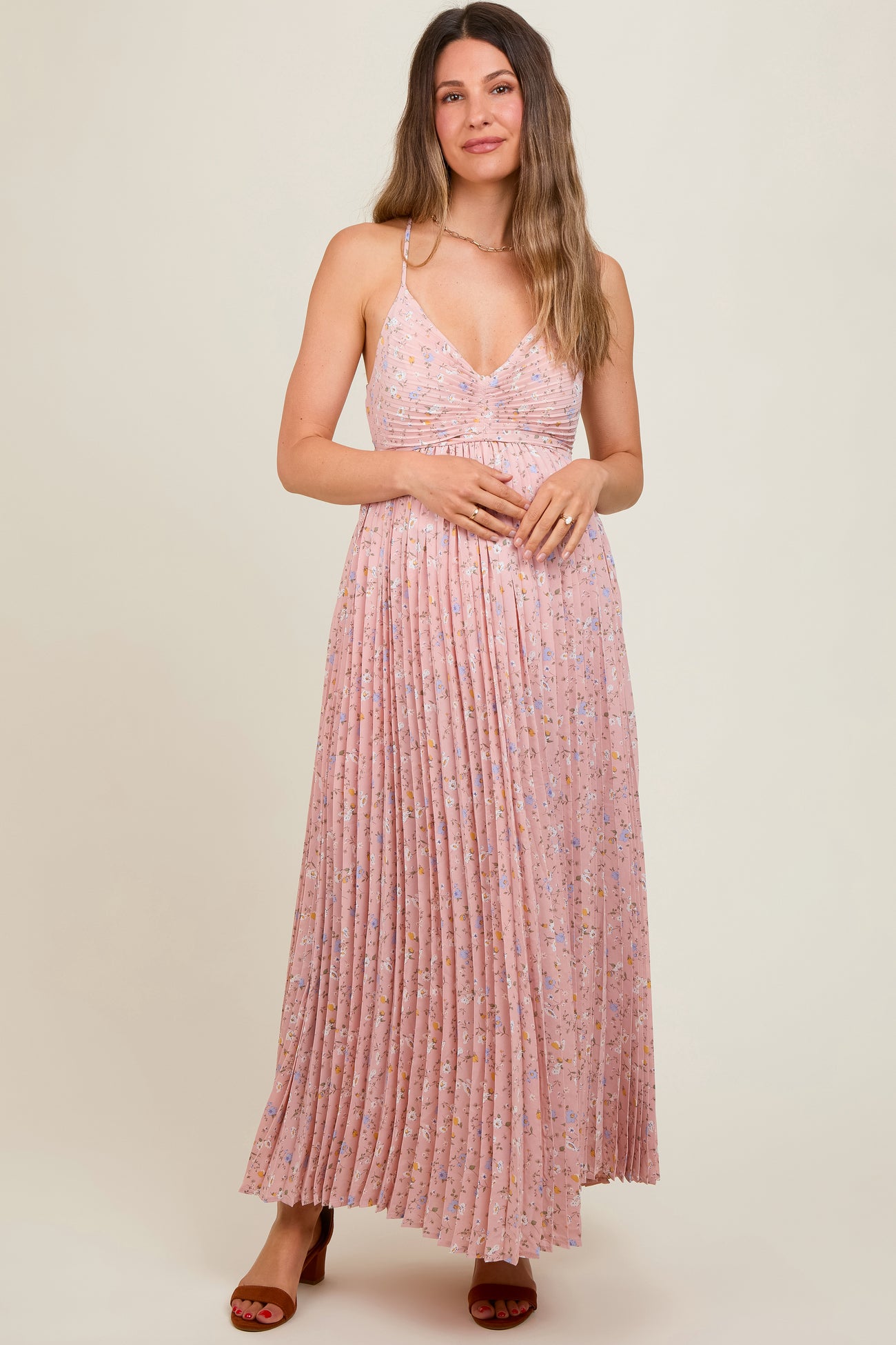 Light Pink Floral Pleated Back Cutout Maternity Maxi Dress – PinkBlush