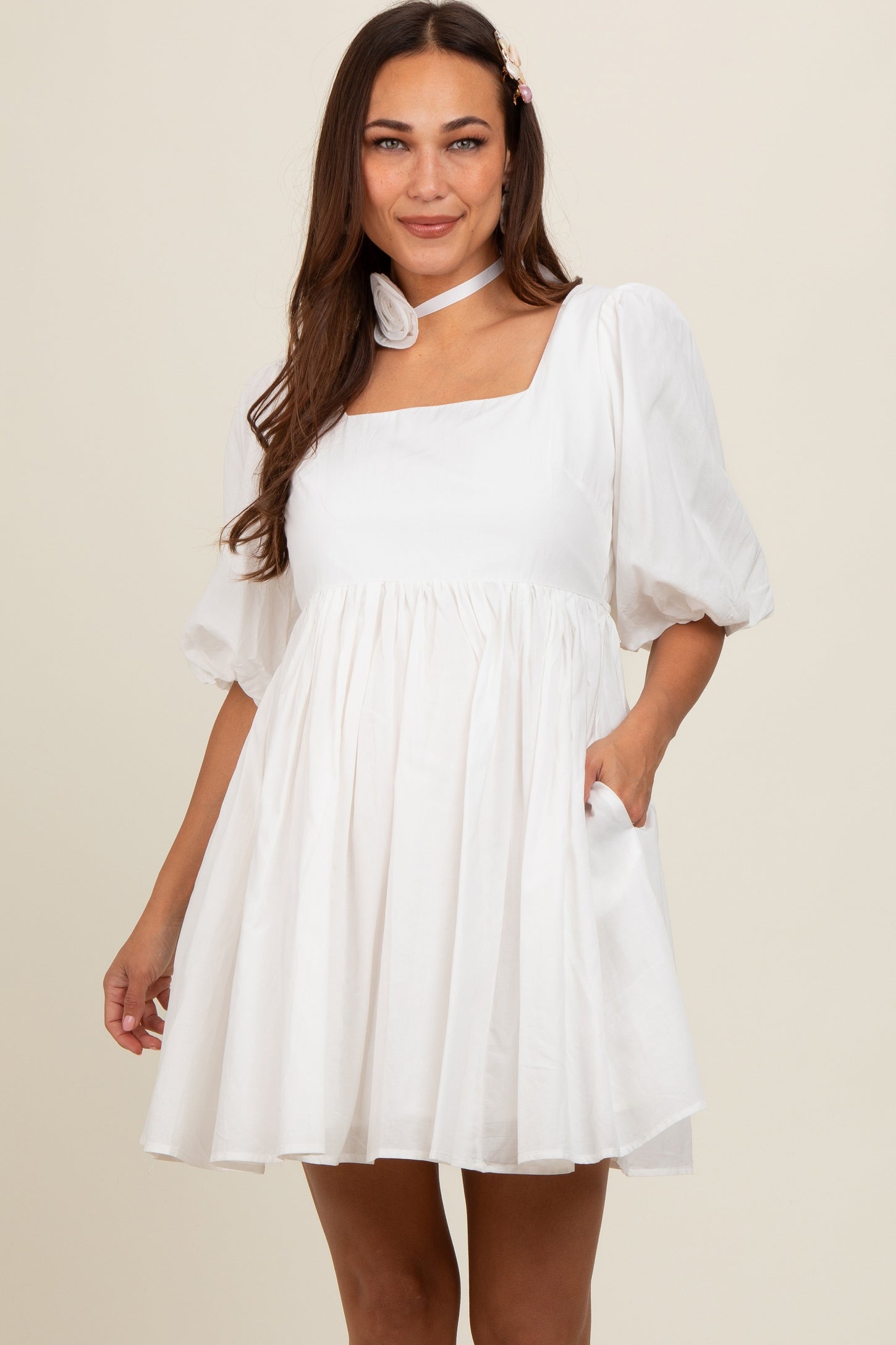 White Babydoll Maternity Mini Dress PinkBlush White Babydoll Maternity Mini Dress PinkBlush