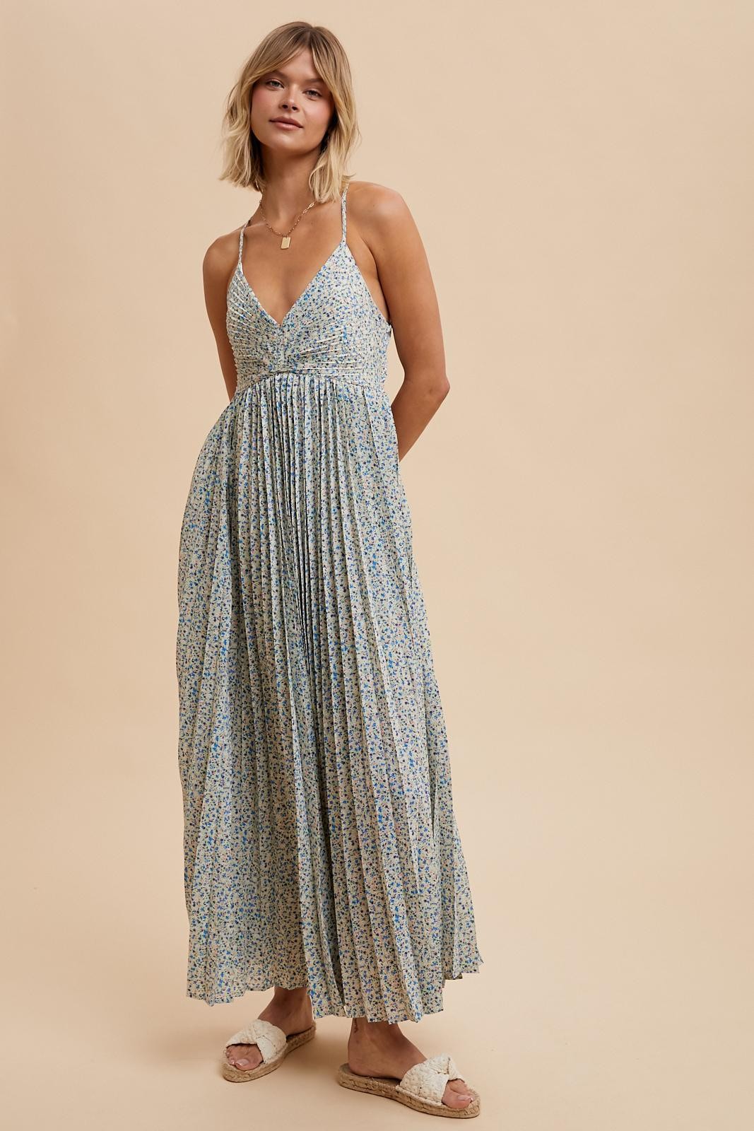Blue Floral Pleated Cutout Back Maternity Maxi Dress