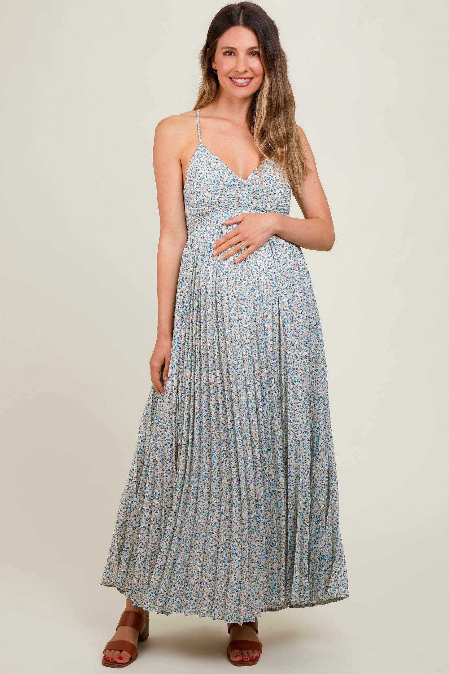 Blue Floral Pleated Cutout Back Maternity Maxi Dress PinkBlush Blue Floral Pleated Cutout Back Maternity Maxi Dress PinkBlush