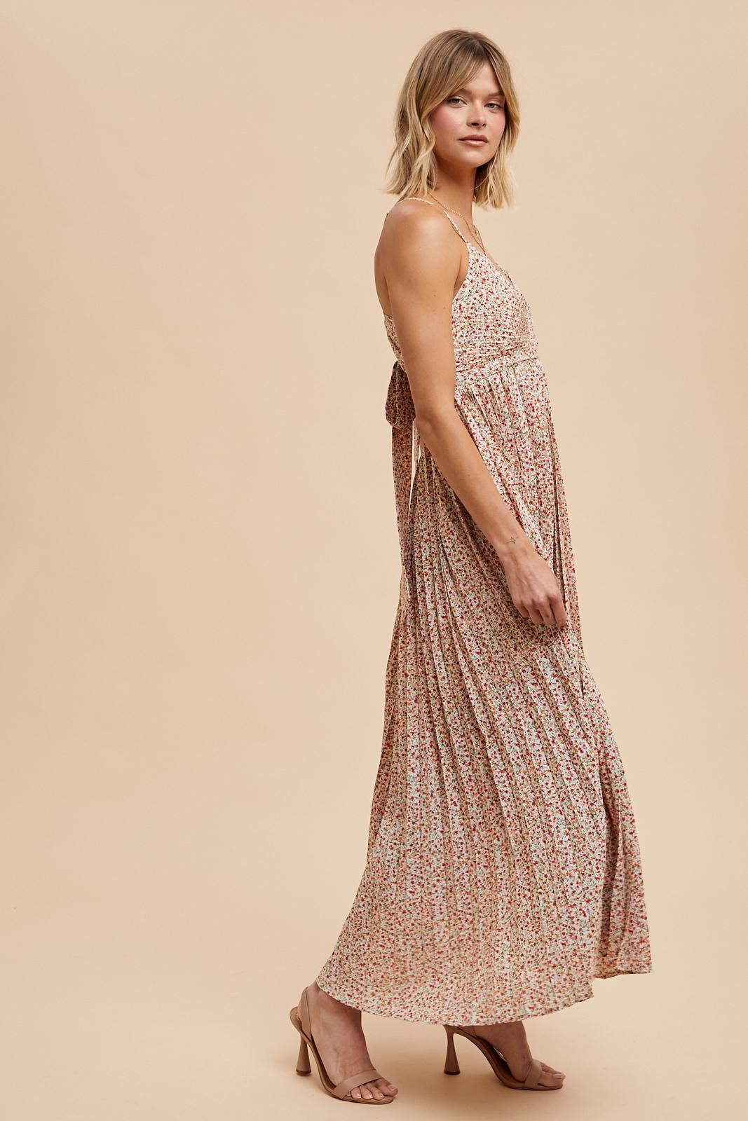 Coral Floral Pleated Cutout Back Maxi Dress PinkBlush Coral Floral Pleated Cutout Back Maxi Dress PinkBlush