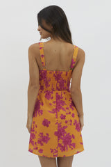 Orange Sleeveless Floral Print Front Tie Mini Dress