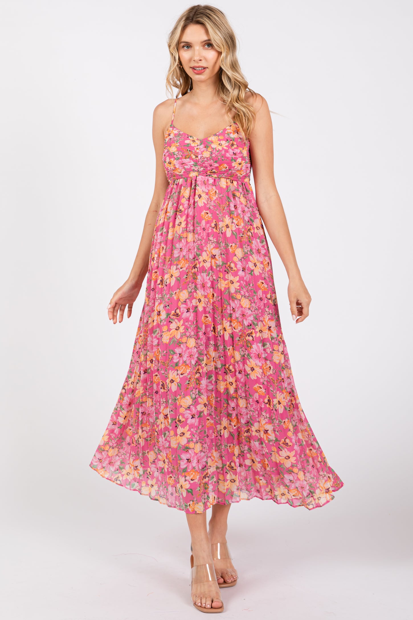Pink Floral Pleated Maxi Dress Pink Floral Pleated Maxi Dress