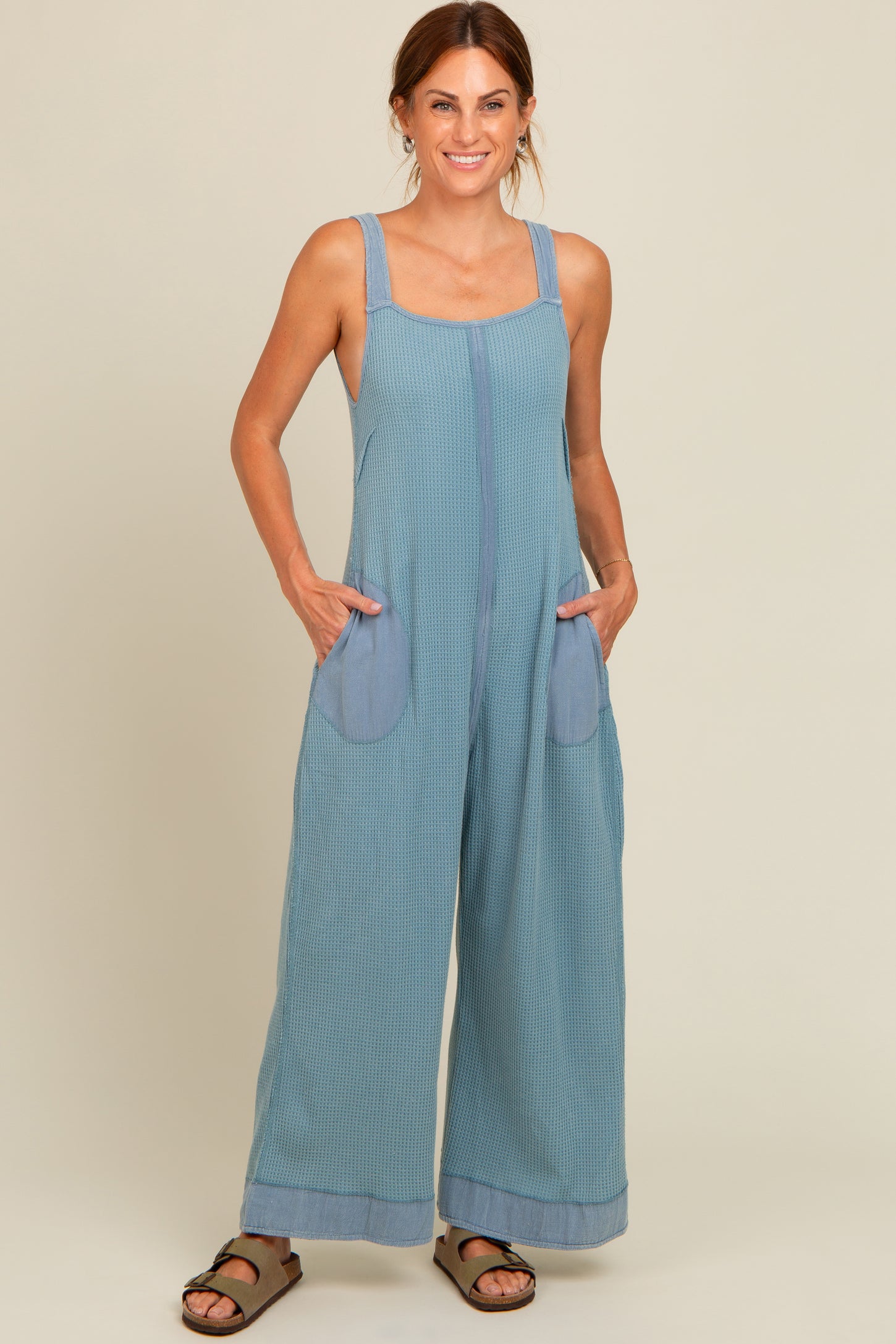 Blue Waffle Knit Wide Leg Jumpsuit