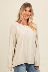 Beige Mixed Knit Raw Hem Pullover Top