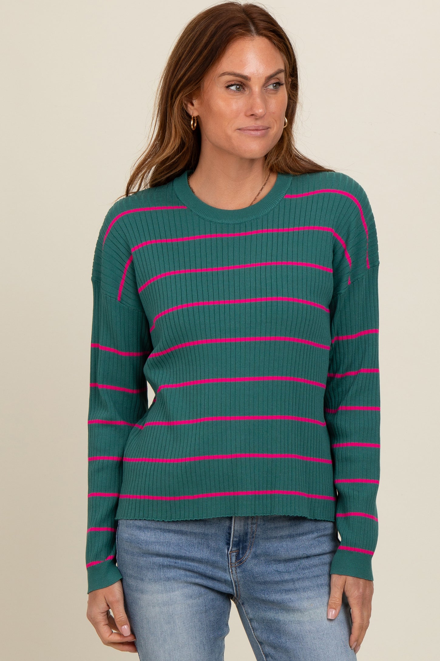 Teal Striped Ribbed Knit Long Sleeve Top
