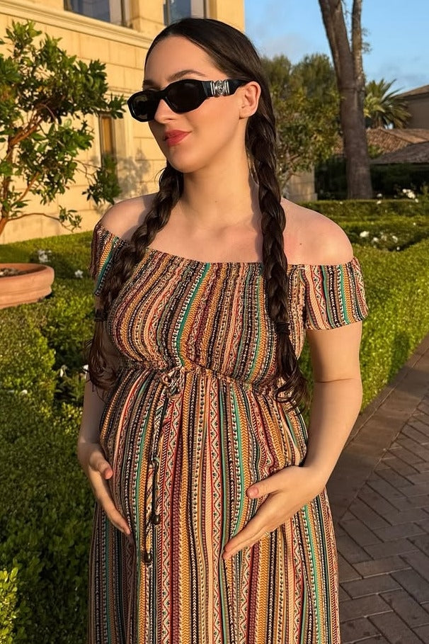 Multicolor Off Shoulder Cinched Maternity Maxi Dress