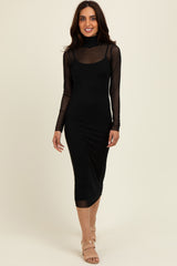 Black Mesh Overlay Fitted Midi Dress