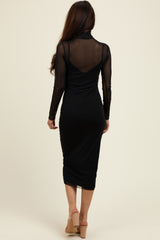 Black Mesh Overlay Fitted Midi Dress