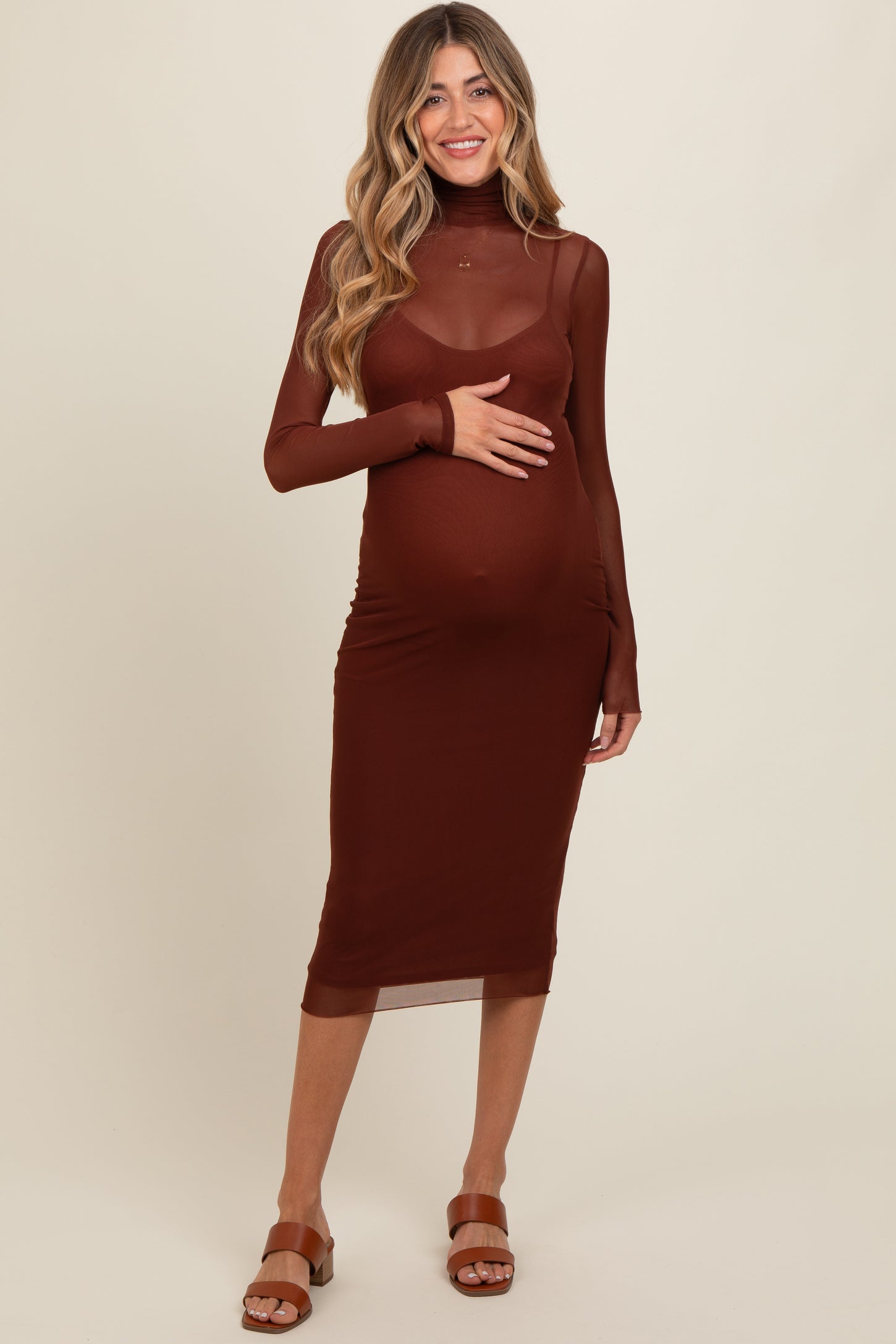 Brown Mesh Overlay Fitted Maternity Midi Dress Brown Mesh Overlay Fitted Maternity Midi Dress