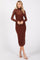 woman wearing a brown long sleeve turtleneck dress with a fitted silhouette and sheer overlay details