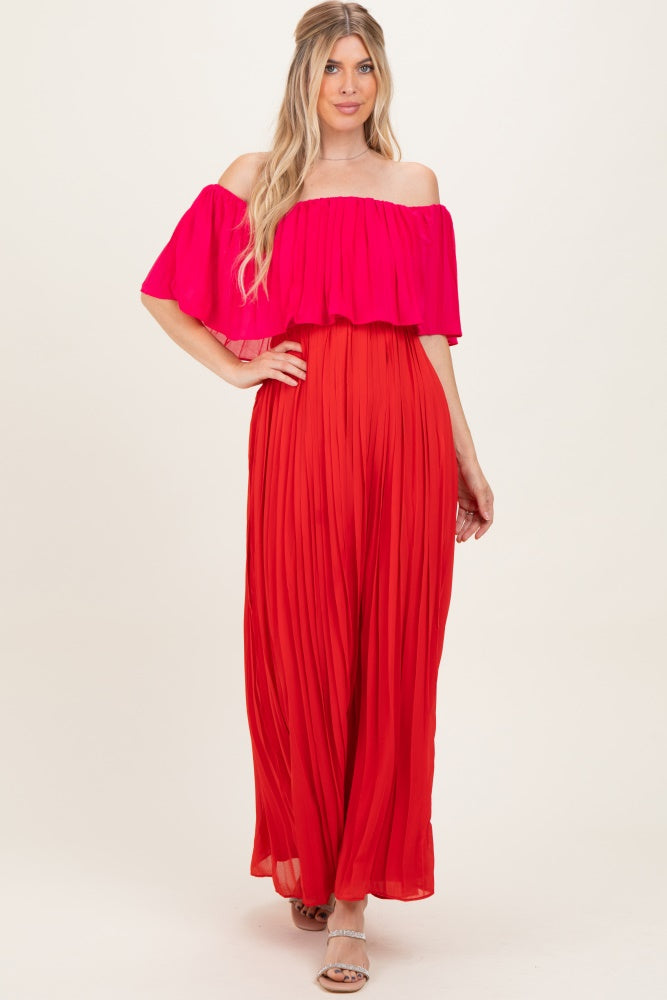Red Pleated Off Shoulder Colorblock Maxi Dress