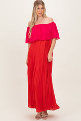 Red Pleated Off Shoulder Colorblock Maxi Dress