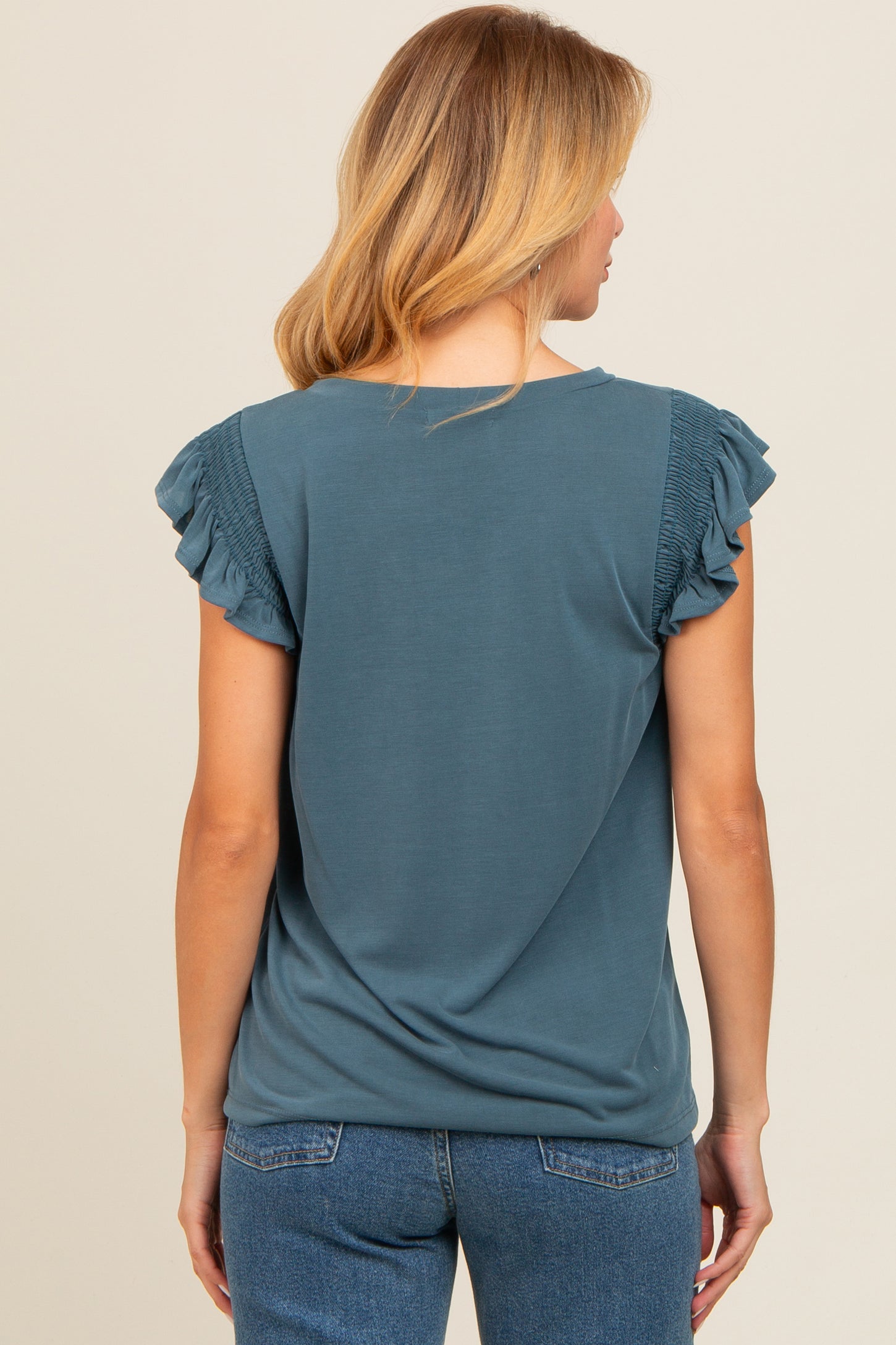 Deep Teal Smocked Ruffle Sleeve Top