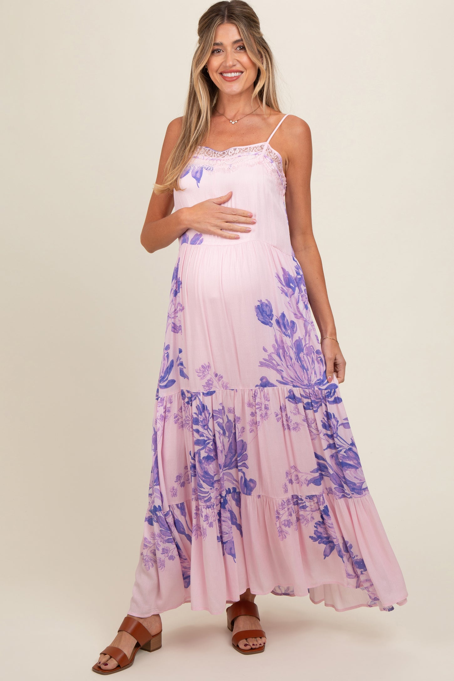Light Pink Floral Lace Loose Fit Maternity Maxi Dress– PinkBlush
