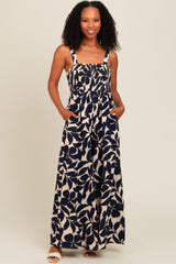 Navy Floral Smocked Wide Leg Maternity Jumpsuit