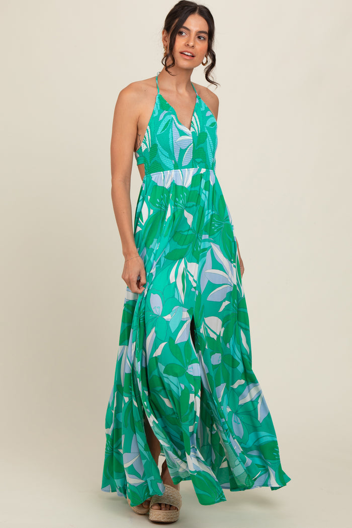 Green Floral Smocked Halter Open Back Maxi Dress